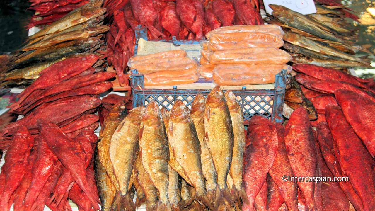 Smoked and salted fishes in Rasht Bazaar