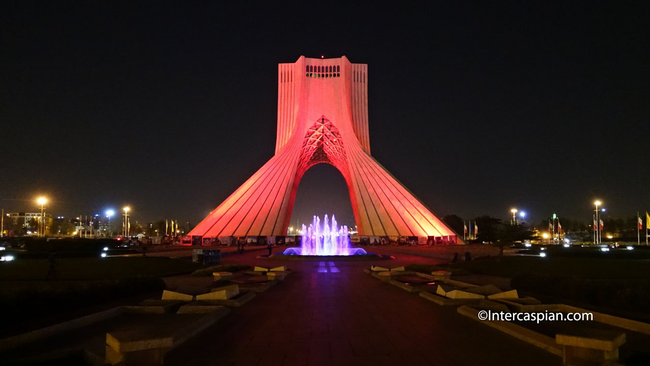 Panoramic photo of Tehran's Azadi Tower at night