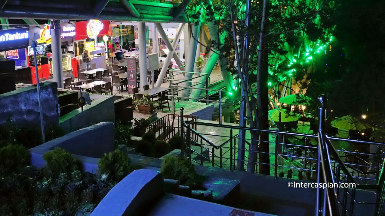Night photo of the Nature Bridge's food court entry point